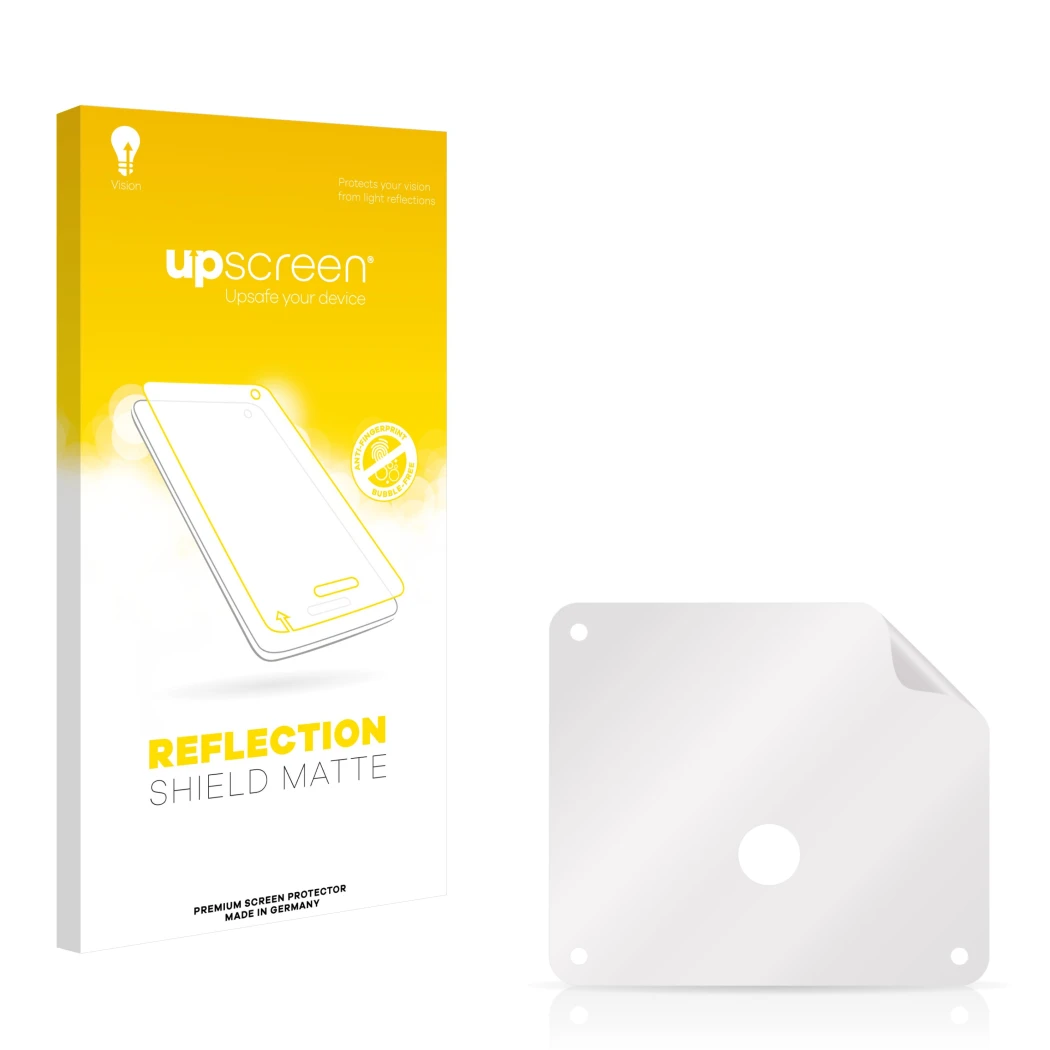Face avant d’un emballage produit avec le logo de la marque upscreen. À côté se trouve la protection d’écran correspondante.
