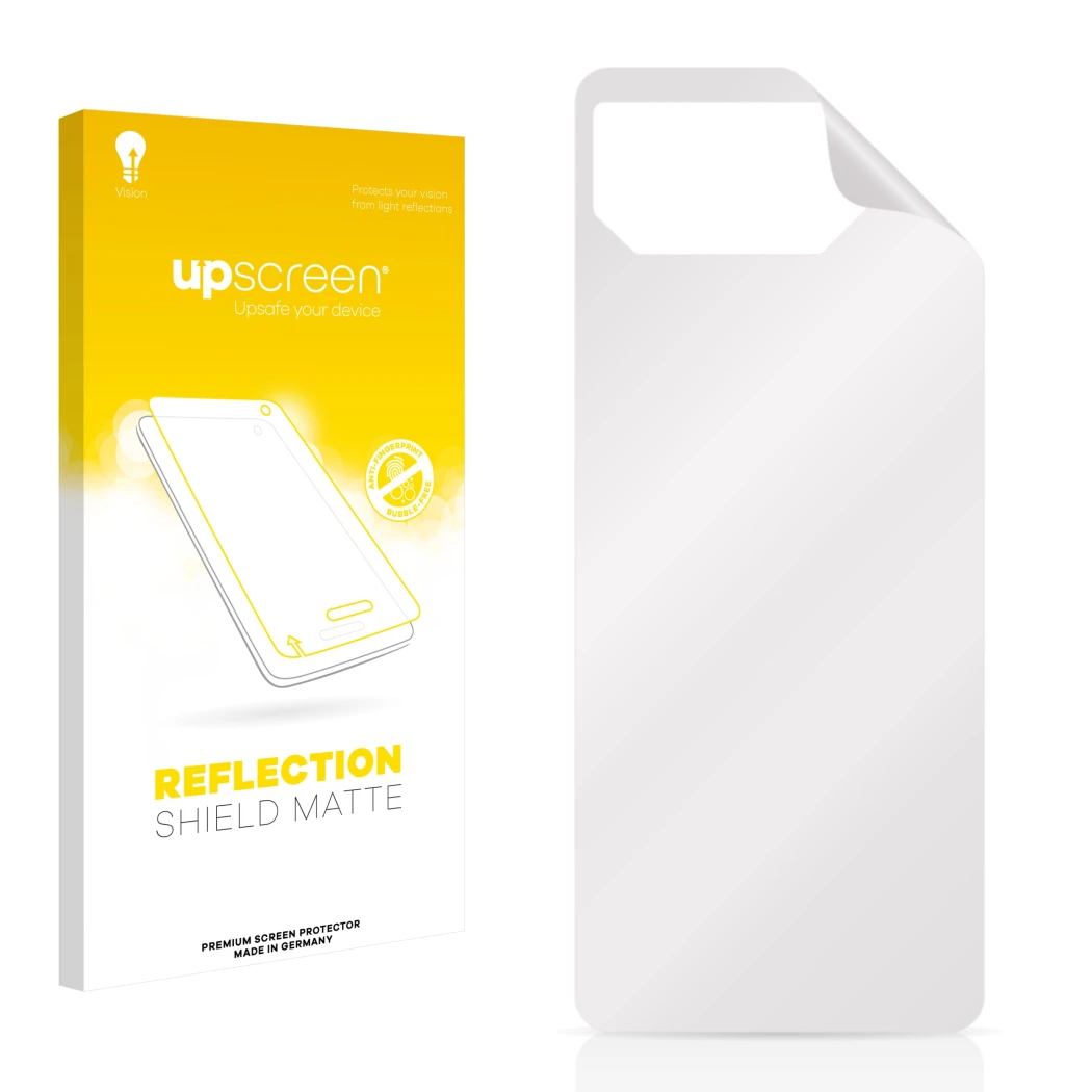 Face avant d’un emballage produit avec le logo de la marque upscreen. À côté se trouve la protection d’écran correspondante.