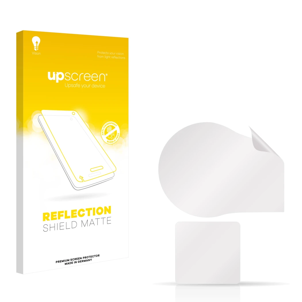 Face avant d’un emballage produit avec le logo de la marque upscreen. À côté se trouve la protection d’écran correspondante.