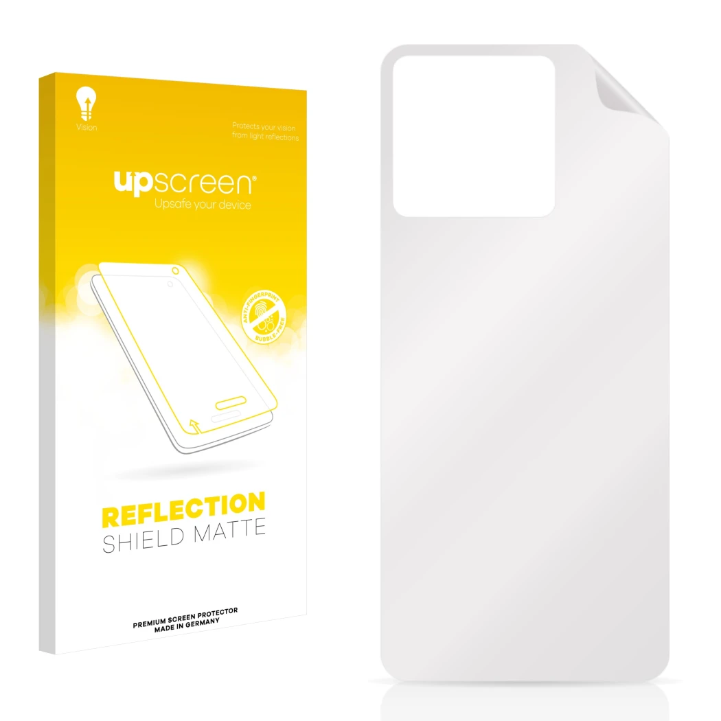 Face avant d’un emballage produit avec le logo de la marque upscreen. À côté se trouve la protection d’écran correspondante.