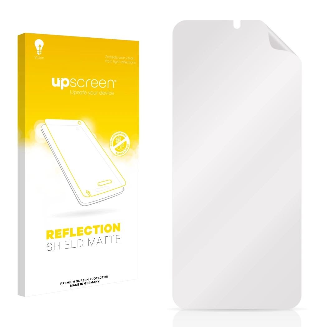 Face avant d’un emballage produit avec le logo de la marque upscreen. À côté se trouve la protection d’écran correspondante.