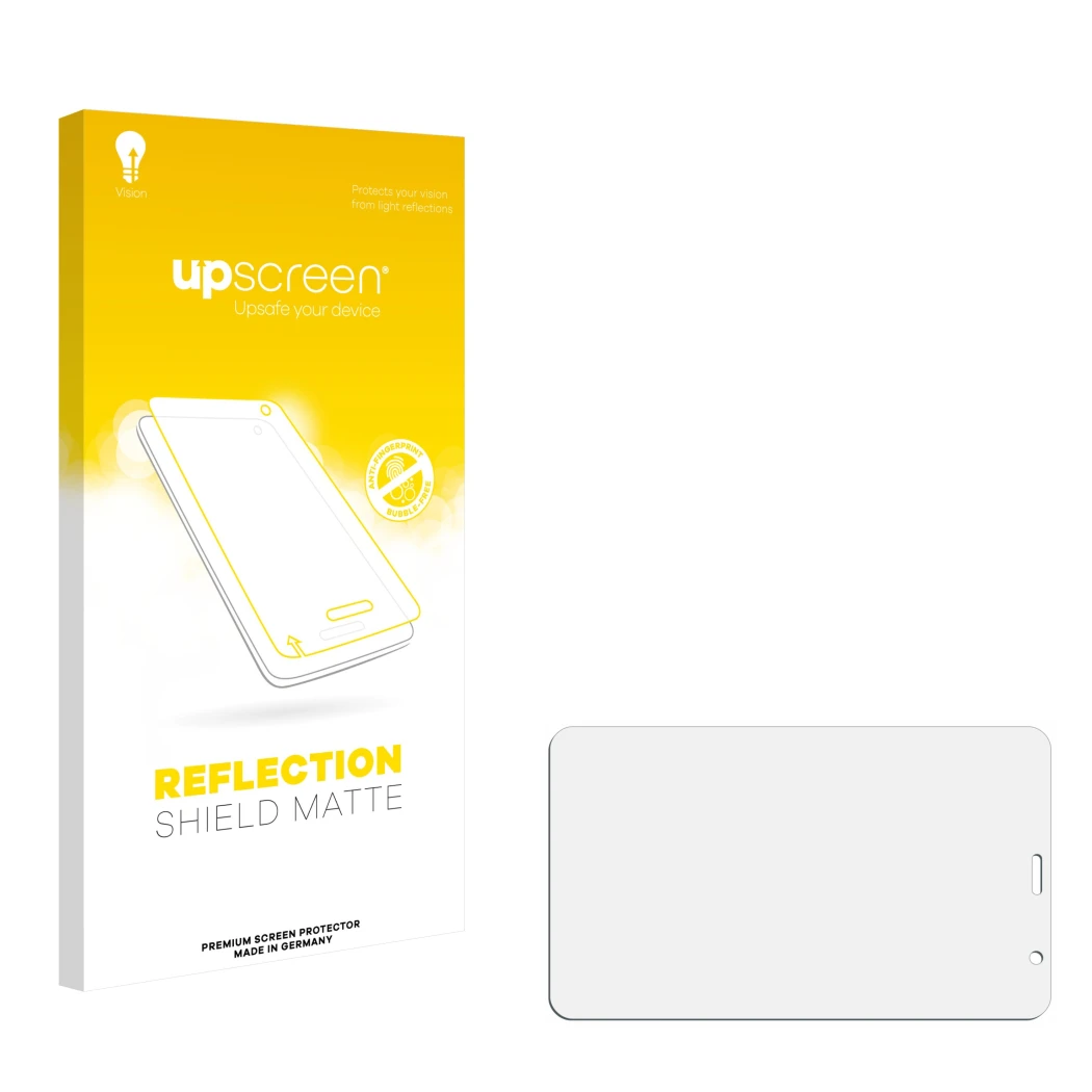 Face avant d’un emballage produit avec le logo de la marque upscreen. À côté se trouve la protection d’écran correspondante.