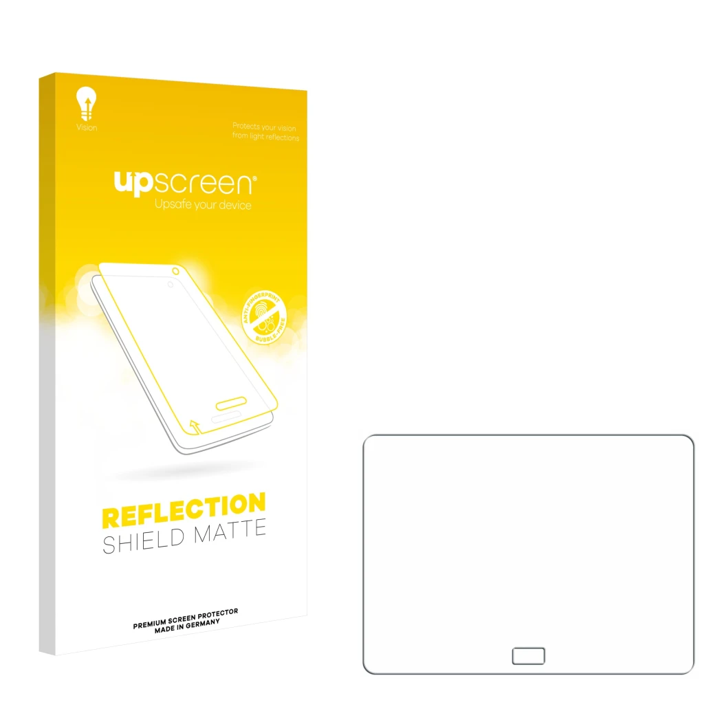 Face avant d’un emballage produit avec le logo de la marque upscreen. À côté se trouve la protection d’écran correspondante.