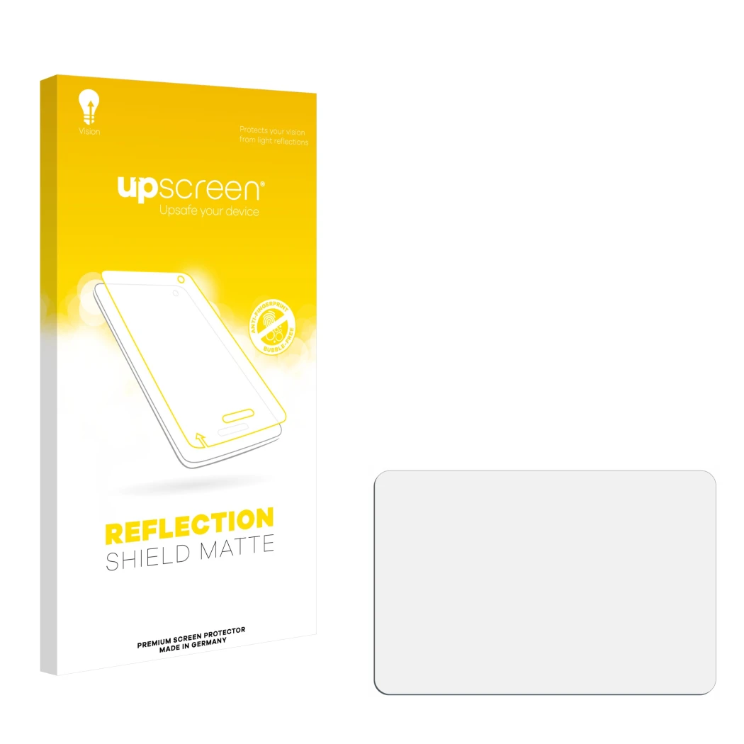 Face avant d’un emballage produit avec le logo de la marque upscreen. À côté se trouve la protection d’écran correspondante.