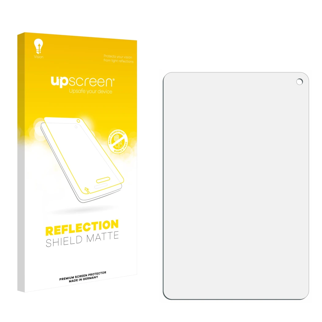 Face avant d’un emballage produit avec le logo de la marque upscreen. À côté se trouve la protection d’écran correspondante.