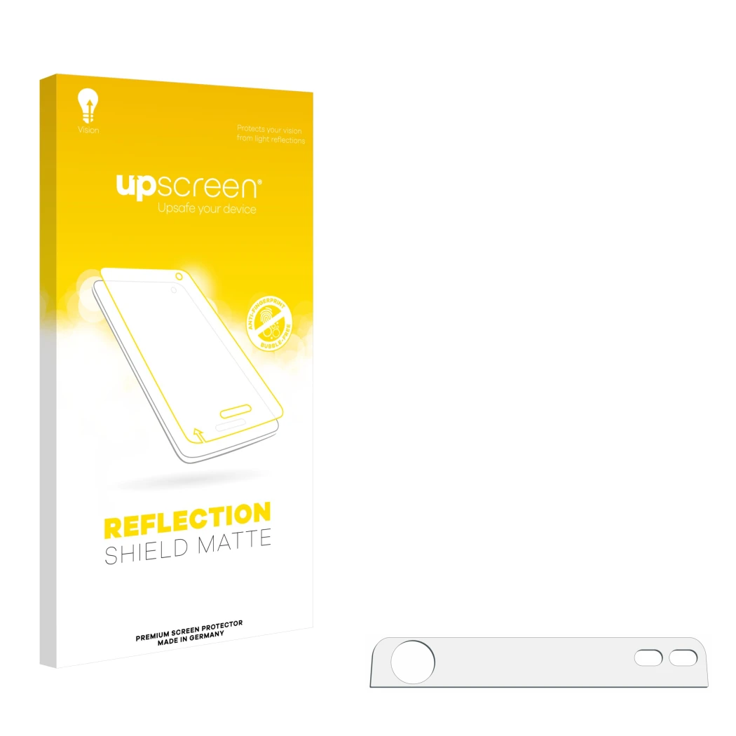 Face avant d’un emballage produit avec le logo de la marque upscreen. À côté se trouve la protection d’écran correspondante.