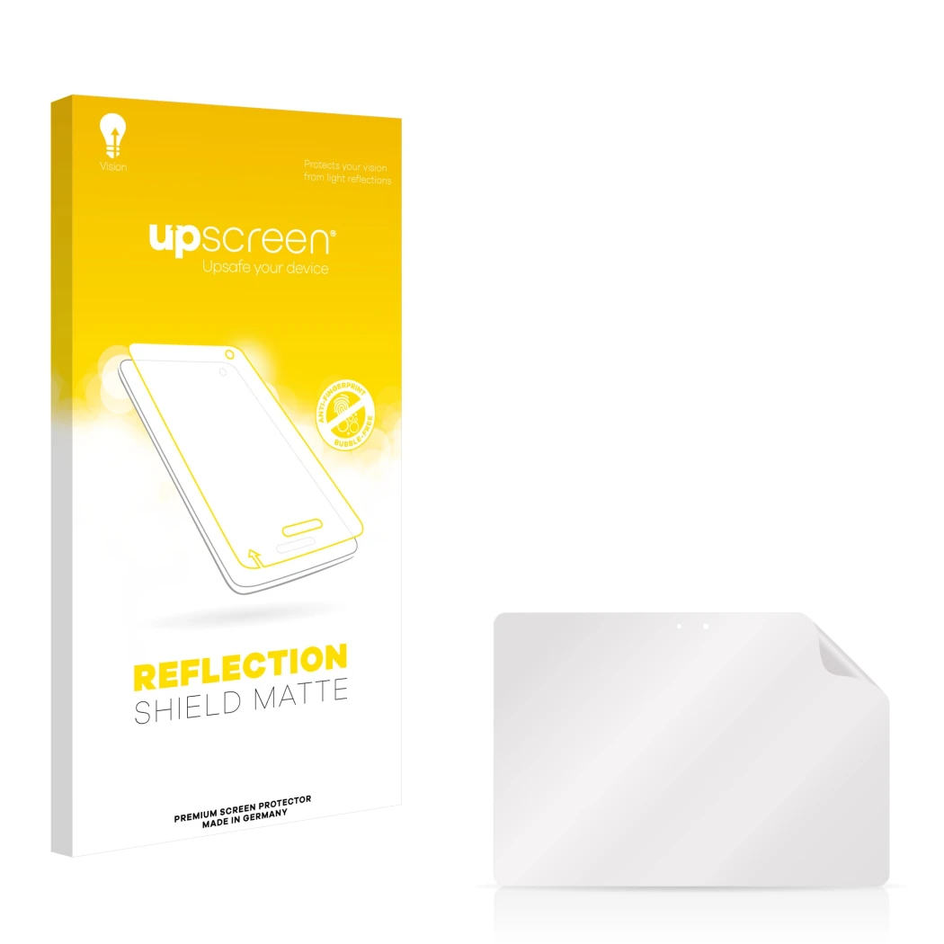 Face avant d’un emballage produit avec le logo de la marque upscreen. À côté se trouve la protection d’écran correspondante.