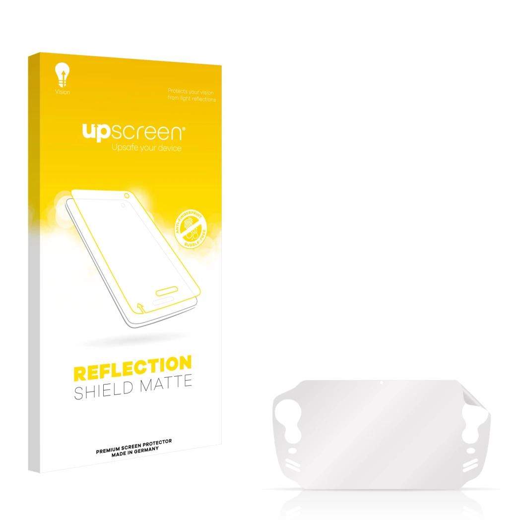 Face avant d’un emballage produit avec le logo de la marque upscreen. À côté se trouve la protection d’écran correspondante.