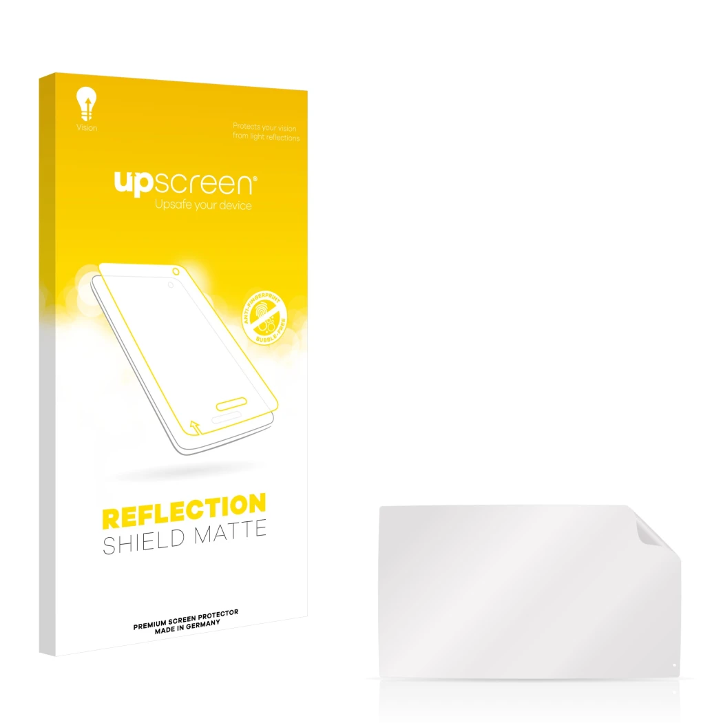 Face avant d’un emballage produit avec le logo de la marque upscreen. À côté se trouve la protection d’écran correspondante.