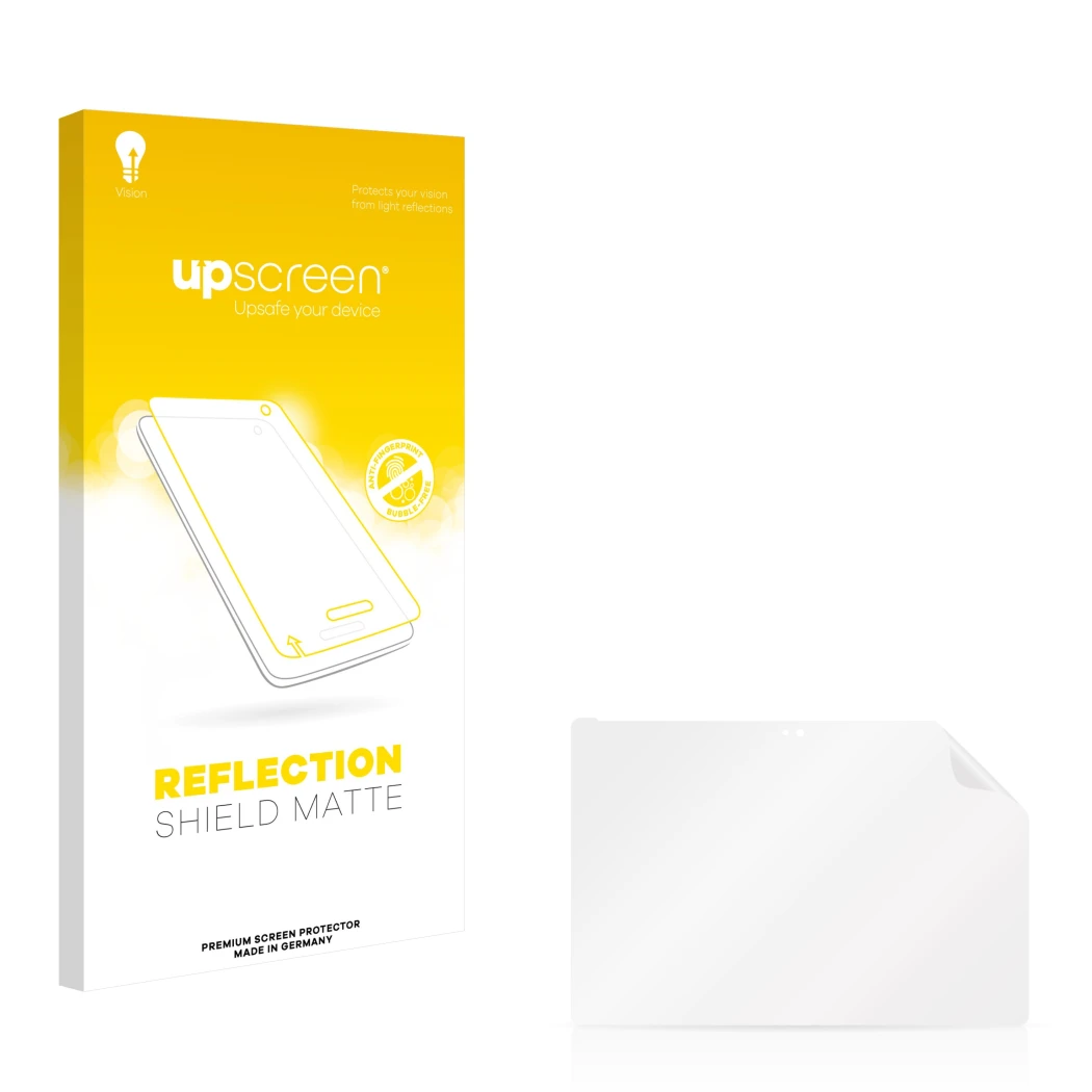 Face avant d’un emballage produit avec le logo de la marque upscreen. À côté se trouve la protection d’écran correspondante.