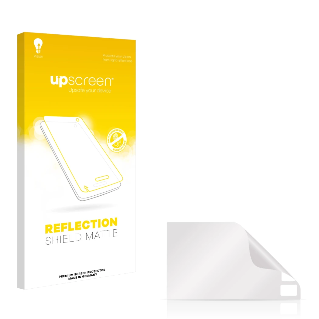 Face avant d’un emballage produit avec le logo de la marque upscreen. À côté se trouve la protection d’écran correspondante.