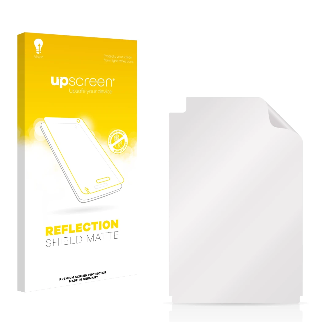 Face avant d’un emballage produit avec le logo de la marque upscreen. À côté se trouve la protection d’écran correspondante.