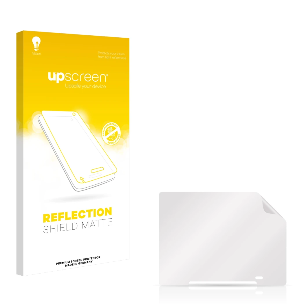 Face avant d’un emballage produit avec le logo de la marque upscreen. À côté se trouve la protection d’écran correspondante.