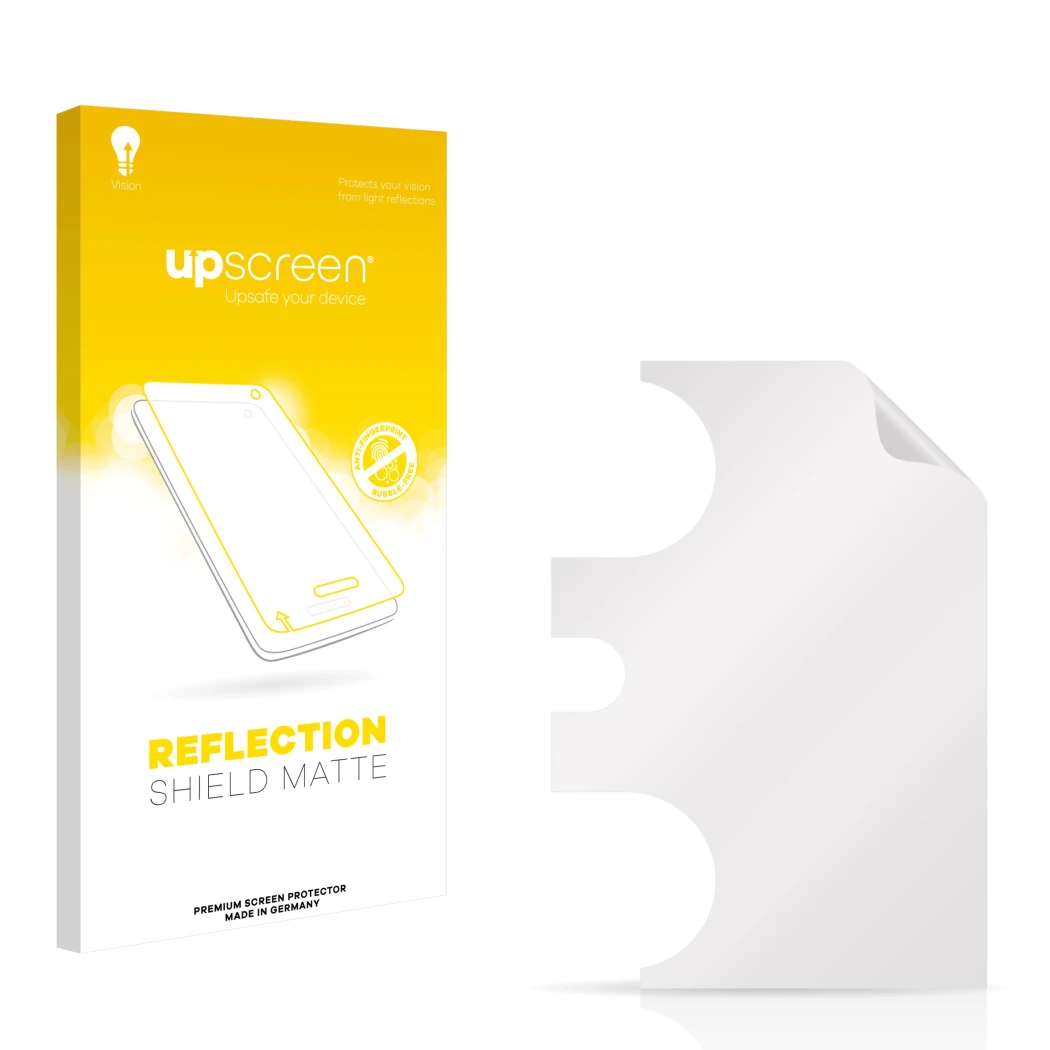 Face avant d’un emballage produit avec le logo de la marque upscreen. À côté se trouve la protection d’écran correspondante.