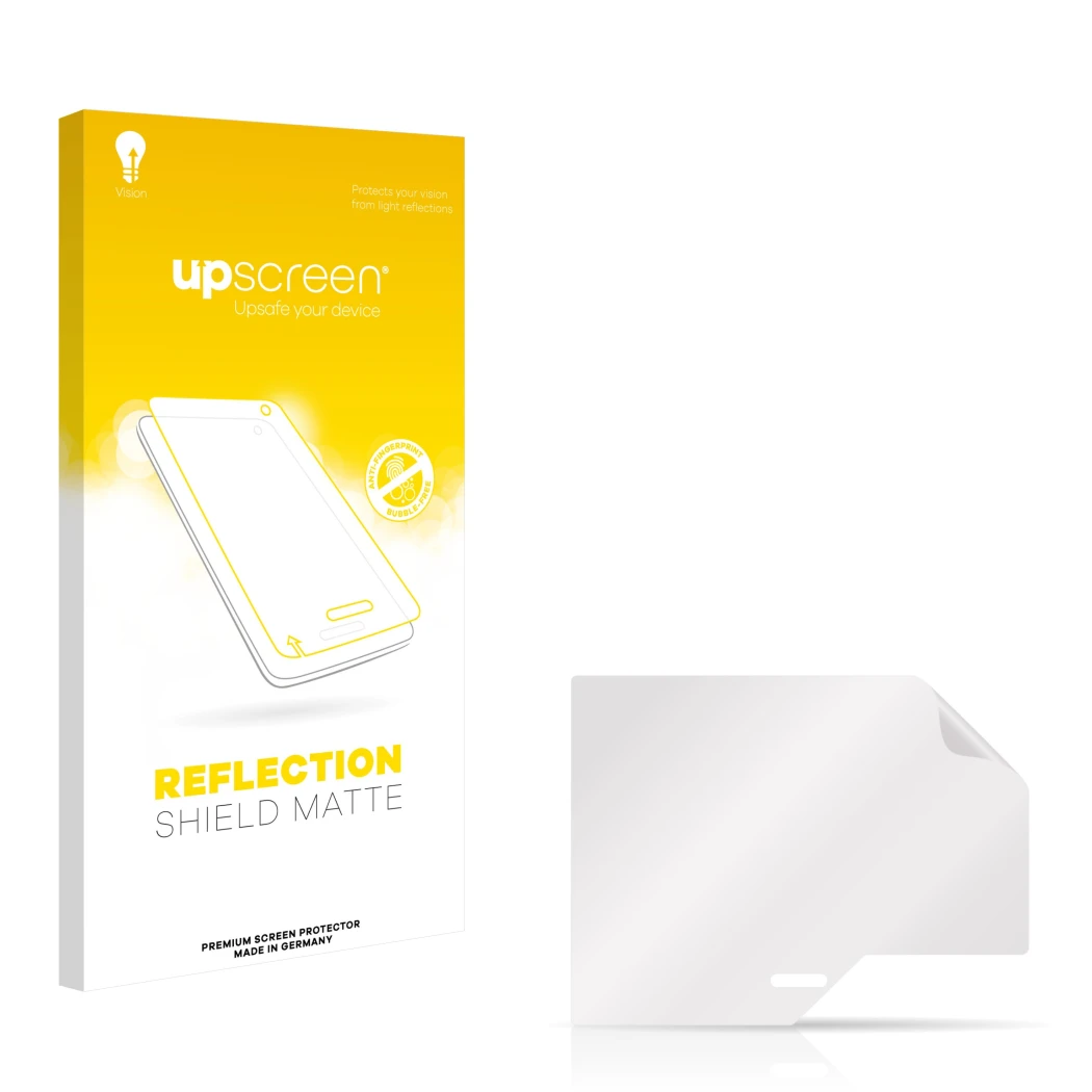 Face avant d’un emballage produit avec le logo de la marque upscreen. À côté se trouve la protection d’écran correspondante.