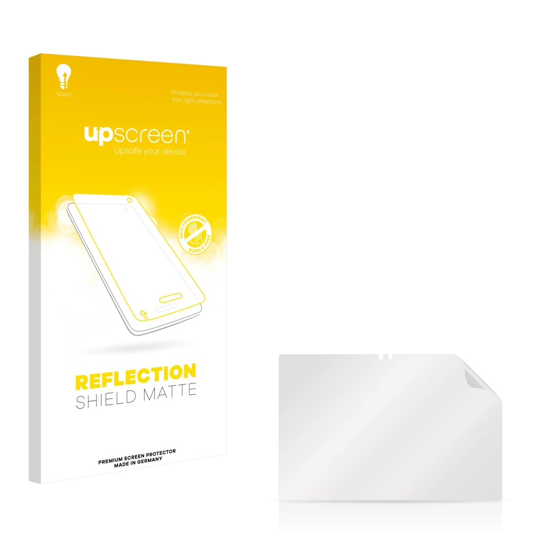 Face avant d’un emballage produit avec le logo de la marque upscreen. À côté se trouve la protection d’écran correspondante.