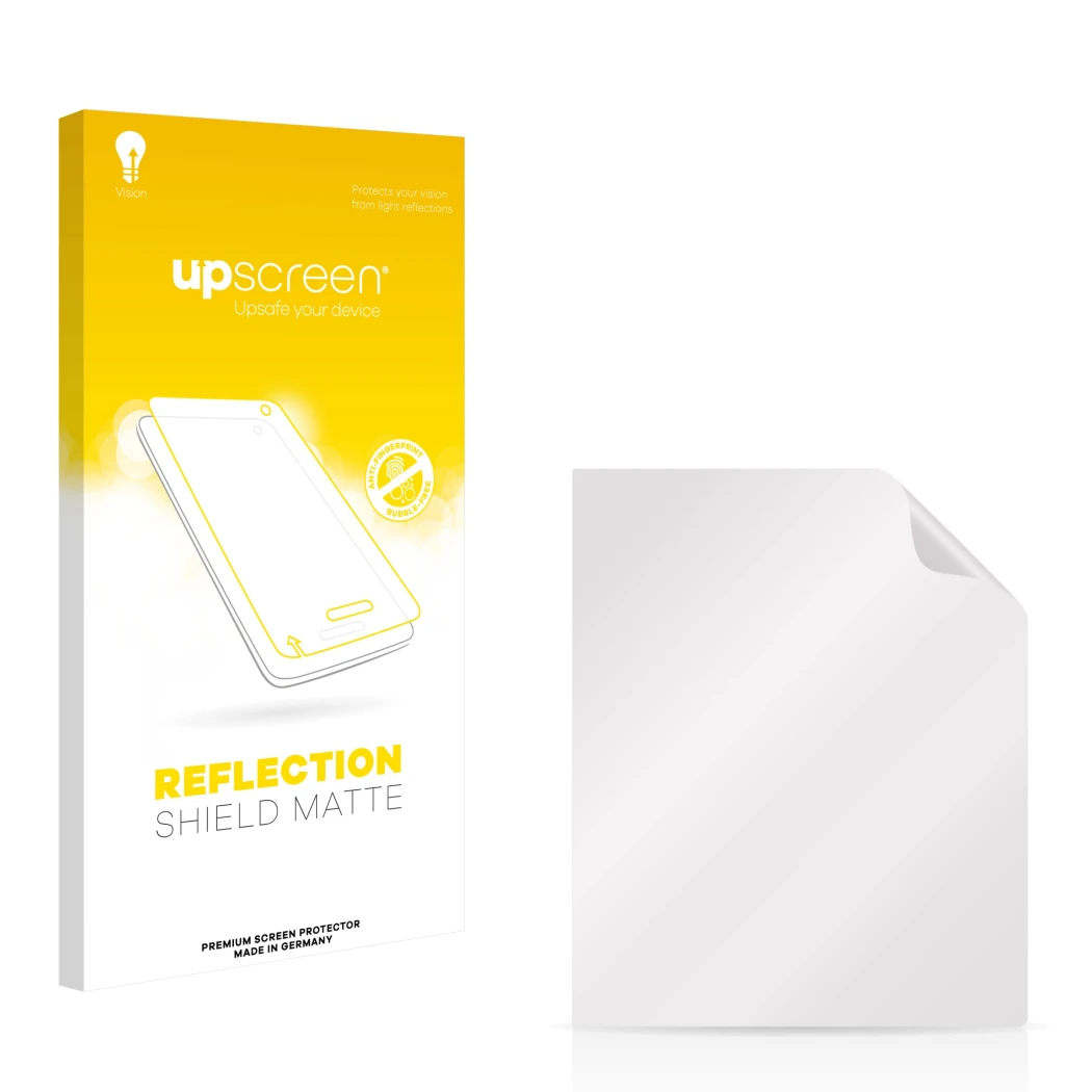 Face avant d’un emballage produit avec le logo de la marque upscreen. À côté se trouve la protection d’écran correspondante.