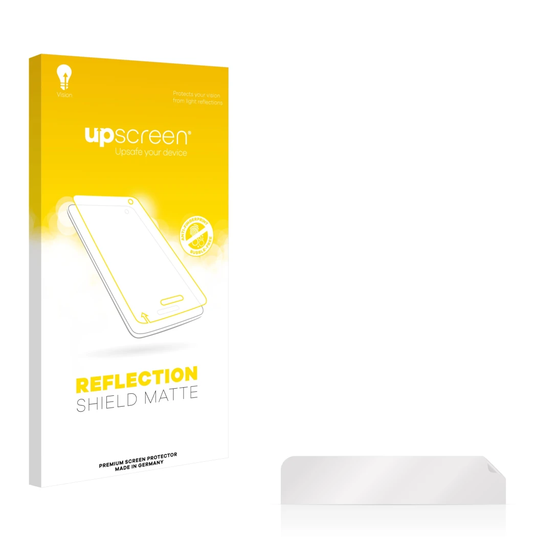 Face avant d’un emballage produit avec le logo de la marque upscreen. À côté se trouve la protection d’écran correspondante.