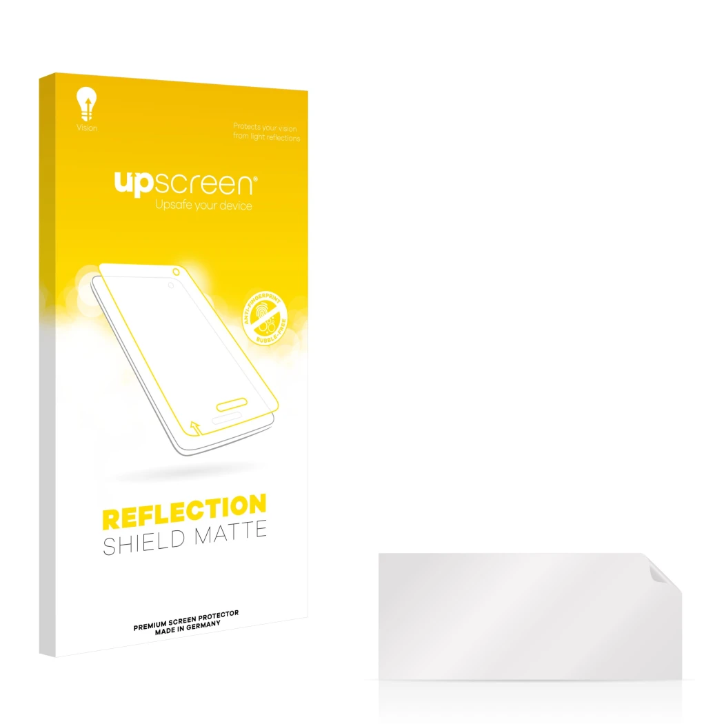Face avant d’un emballage produit avec le logo de la marque upscreen. À côté se trouve la protection d’écran correspondante.