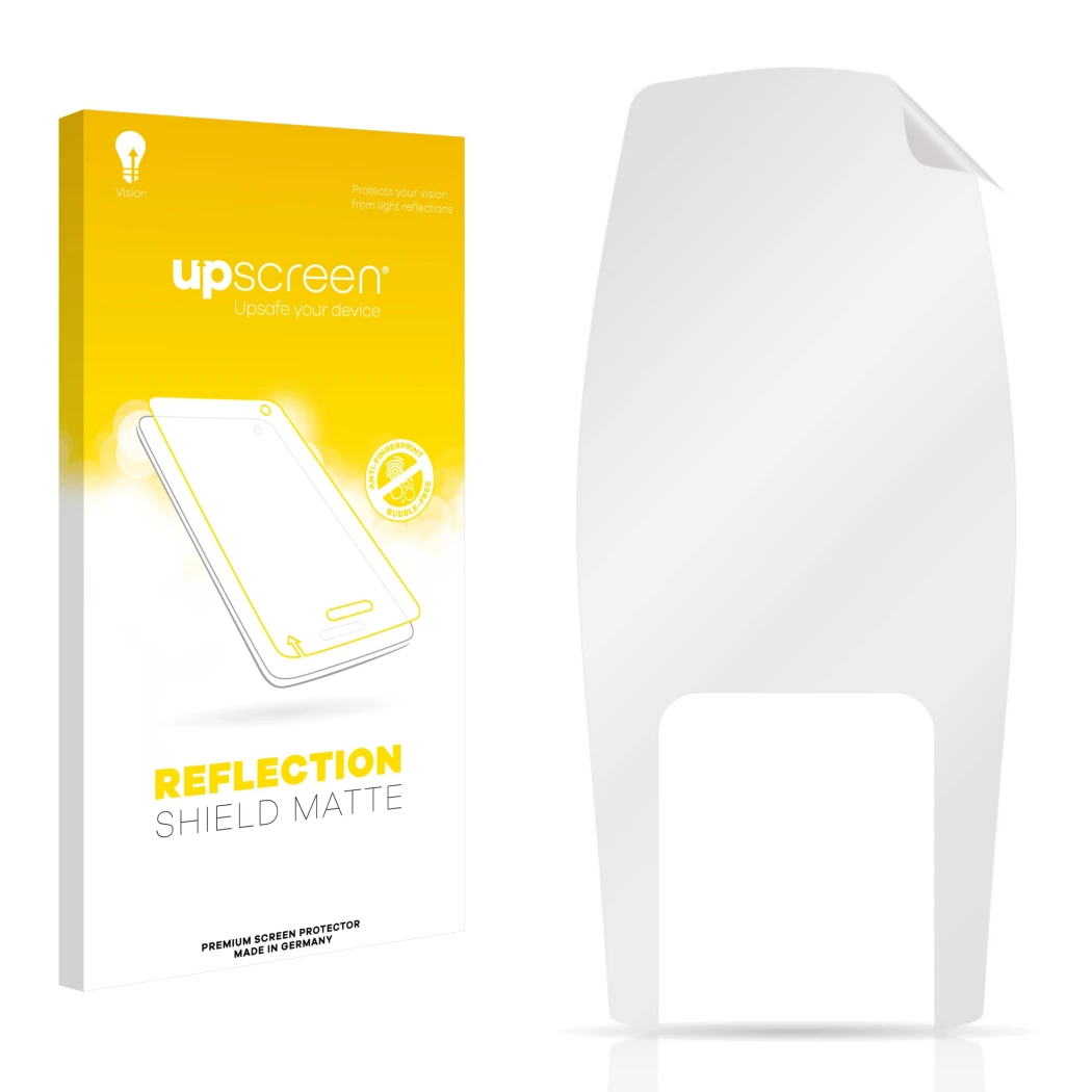 Face avant d’un emballage produit avec le logo de la marque upscreen. À côté se trouve la protection d’écran correspondante.