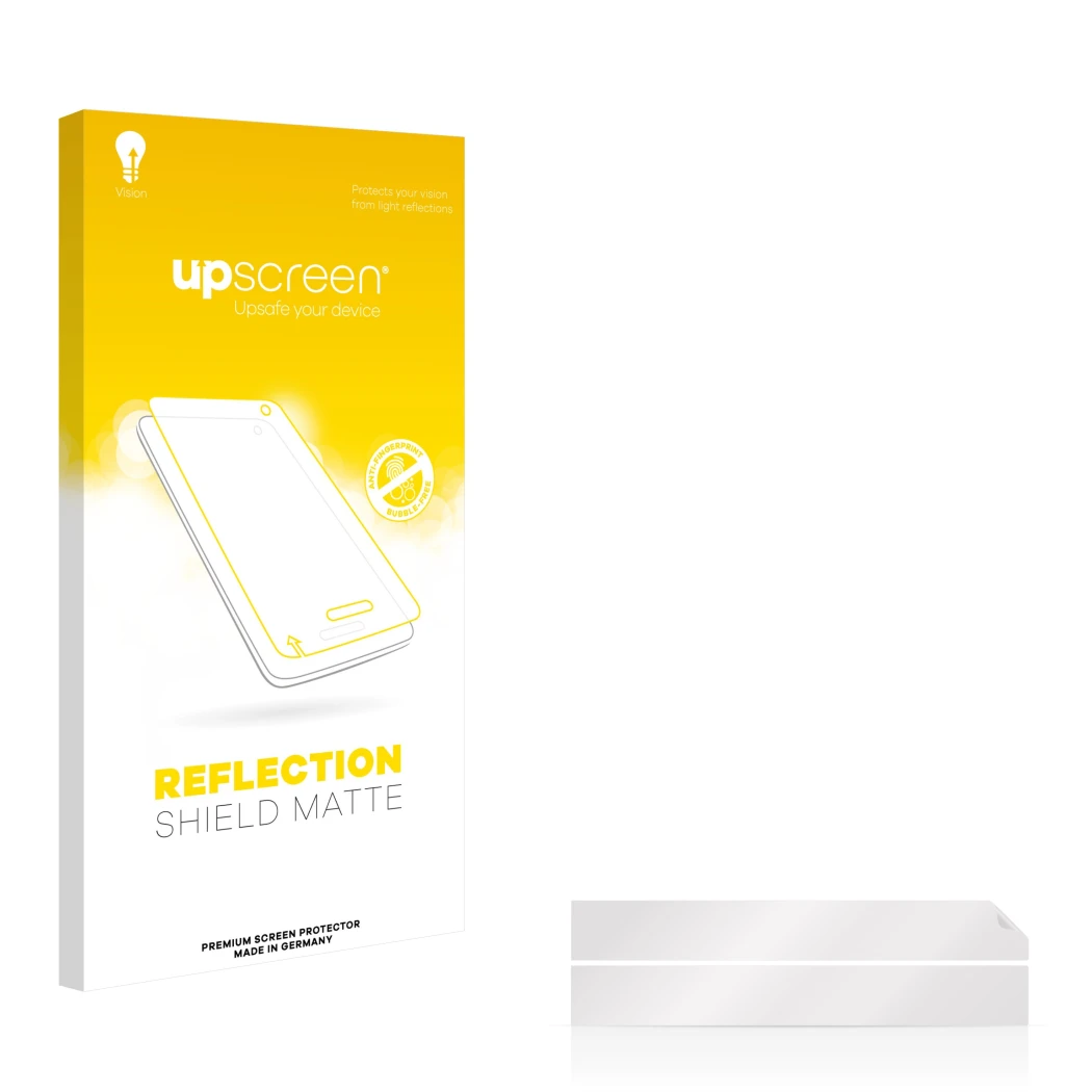Face avant d’un emballage produit avec le logo de la marque upscreen. À côté se trouve la protection d’écran correspondante.