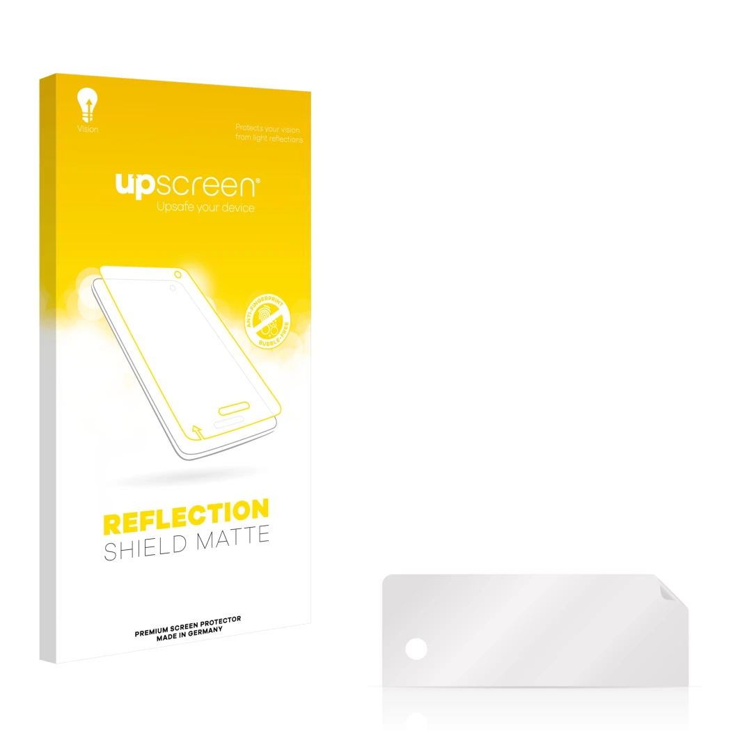 Face avant d’un emballage produit avec le logo de la marque upscreen. À côté se trouve la protection d’écran correspondante.