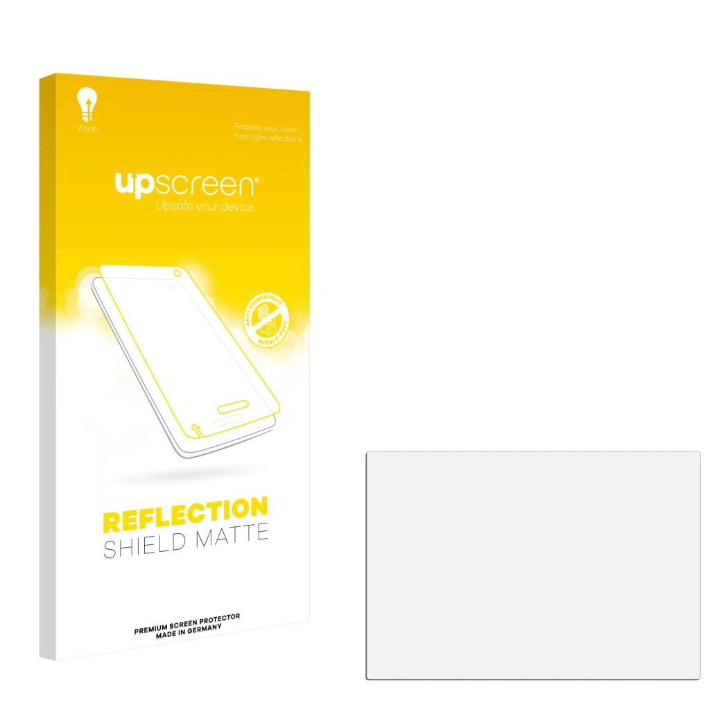 Face avant d’un emballage produit avec le logo de la marque upscreen. À côté se trouve la protection d’écran correspondante.