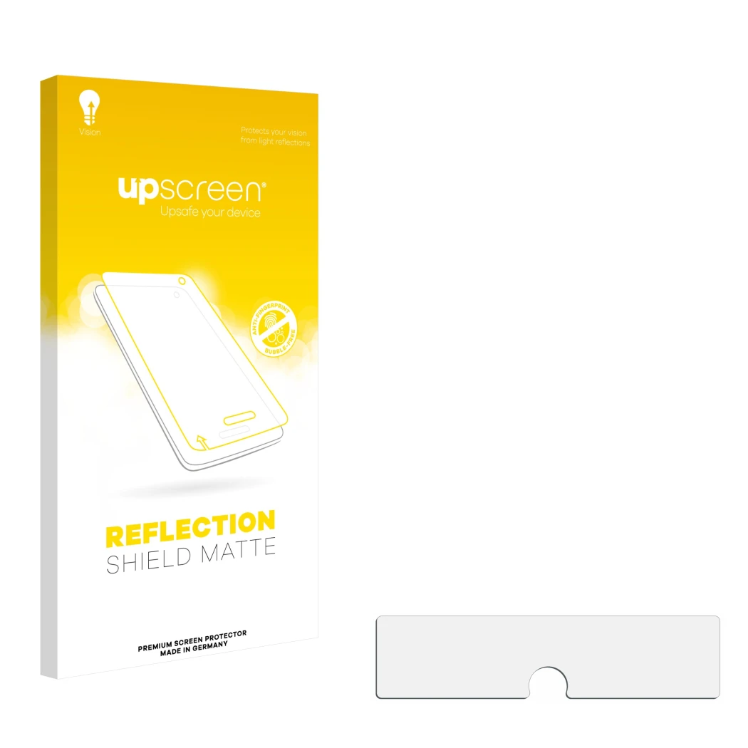 Face avant d’un emballage produit avec le logo de la marque upscreen. À côté se trouve la protection d’écran correspondante.
