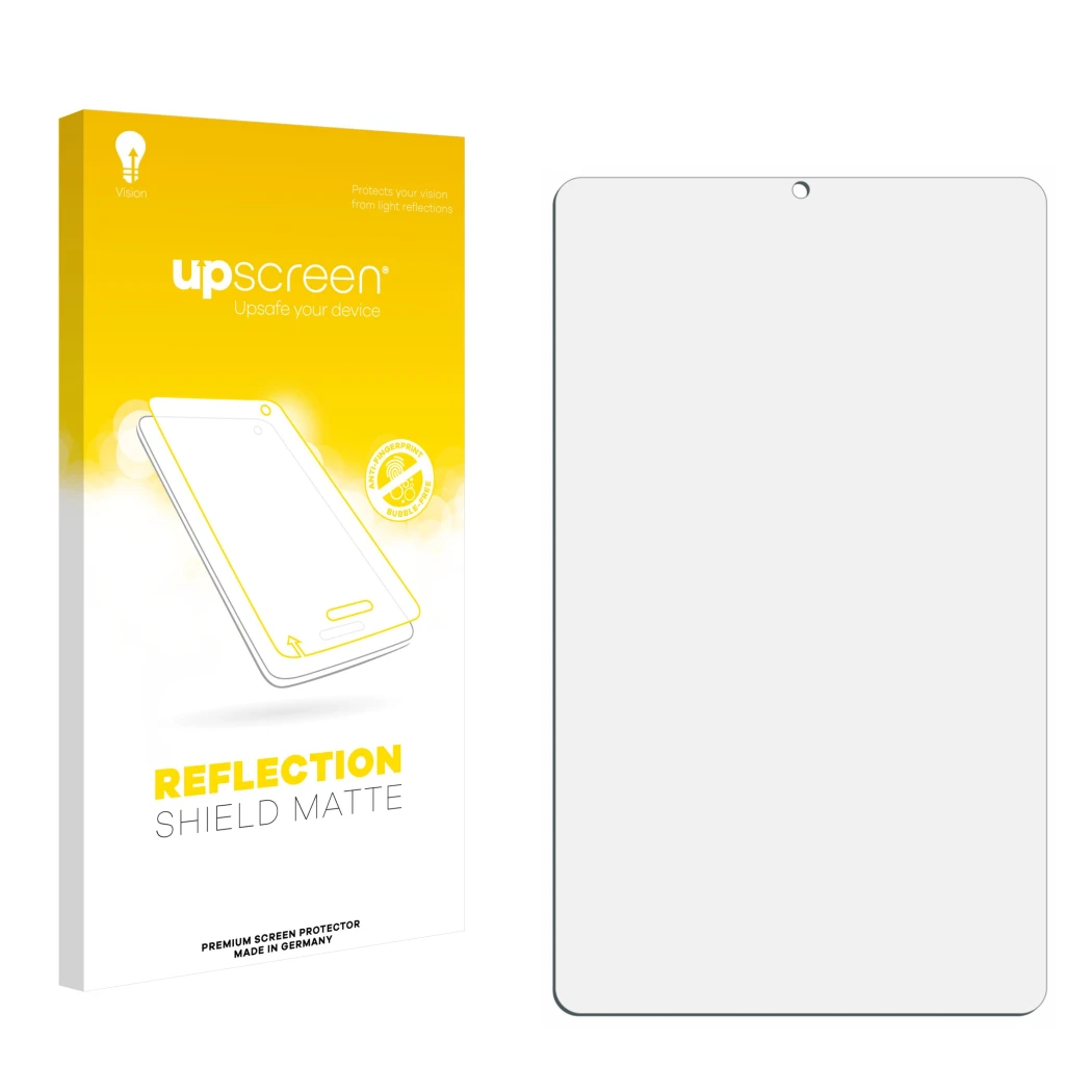 Face avant d’un emballage produit avec le logo de la marque upscreen. À côté se trouve la protection d’écran correspondante.