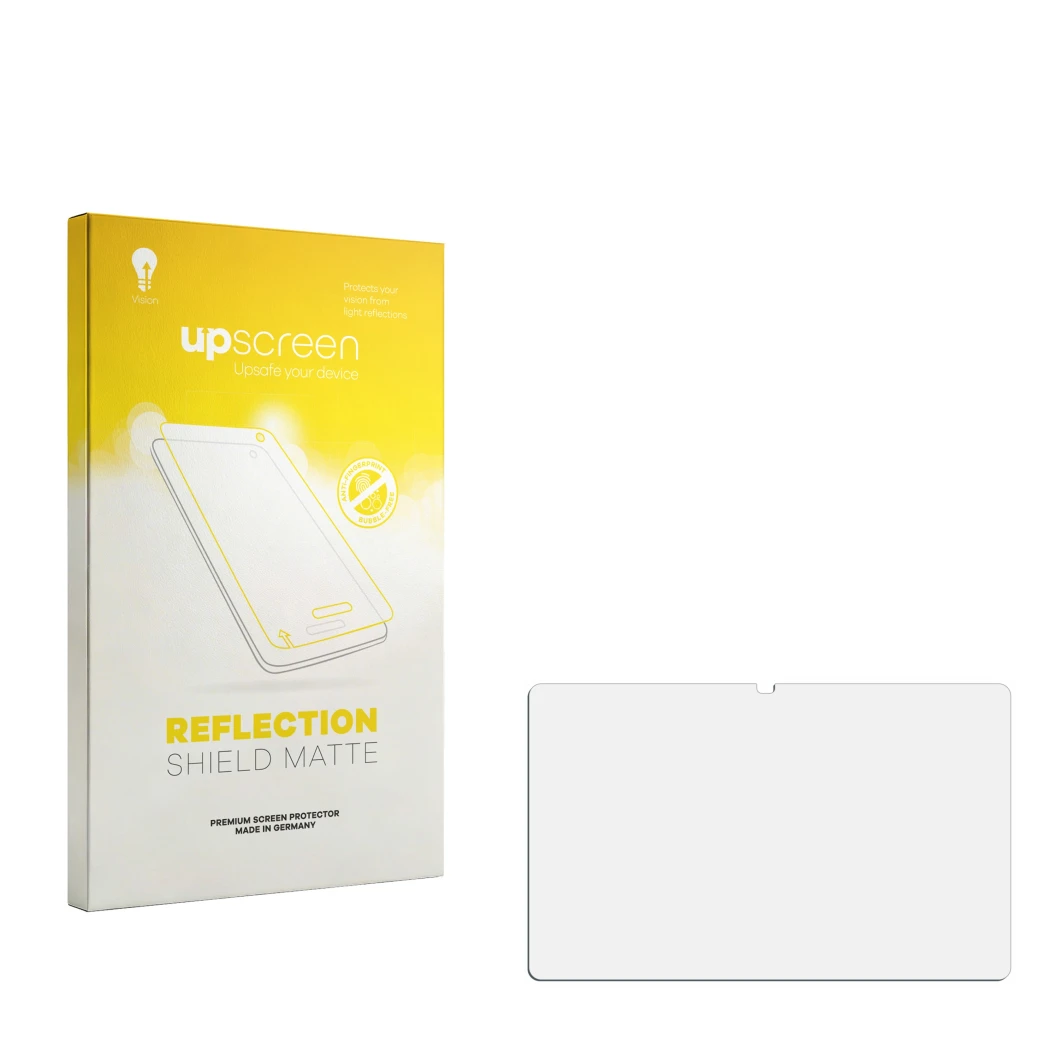 Face avant d’un emballage produit avec le logo de la marque upscreen. À côté se trouve la protection d’écran correspondante.