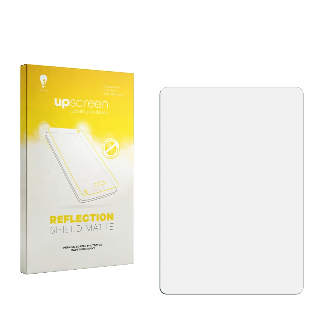 Face avant d’un emballage produit avec le logo de la marque upscreen. À côté se trouve la protection d’écran correspondante.