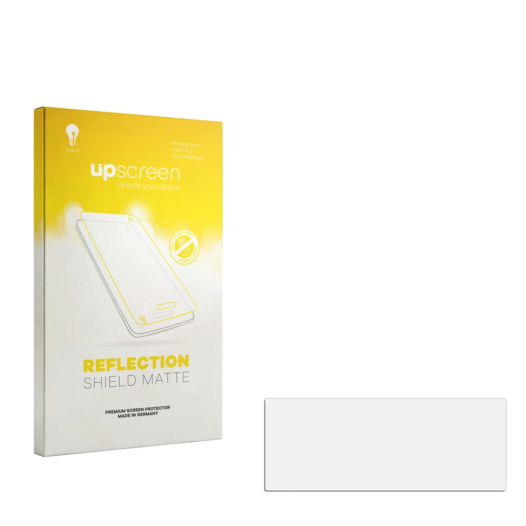 Face avant d’un emballage produit avec le logo de la marque upscreen. À côté se trouve la protection d’écran correspondante.