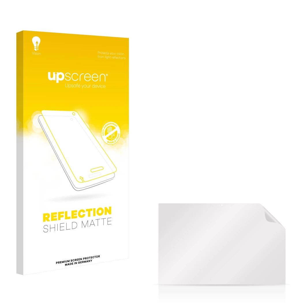 Face avant d’un emballage produit avec le logo de la marque upscreen. À côté se trouve la protection d’écran correspondante.