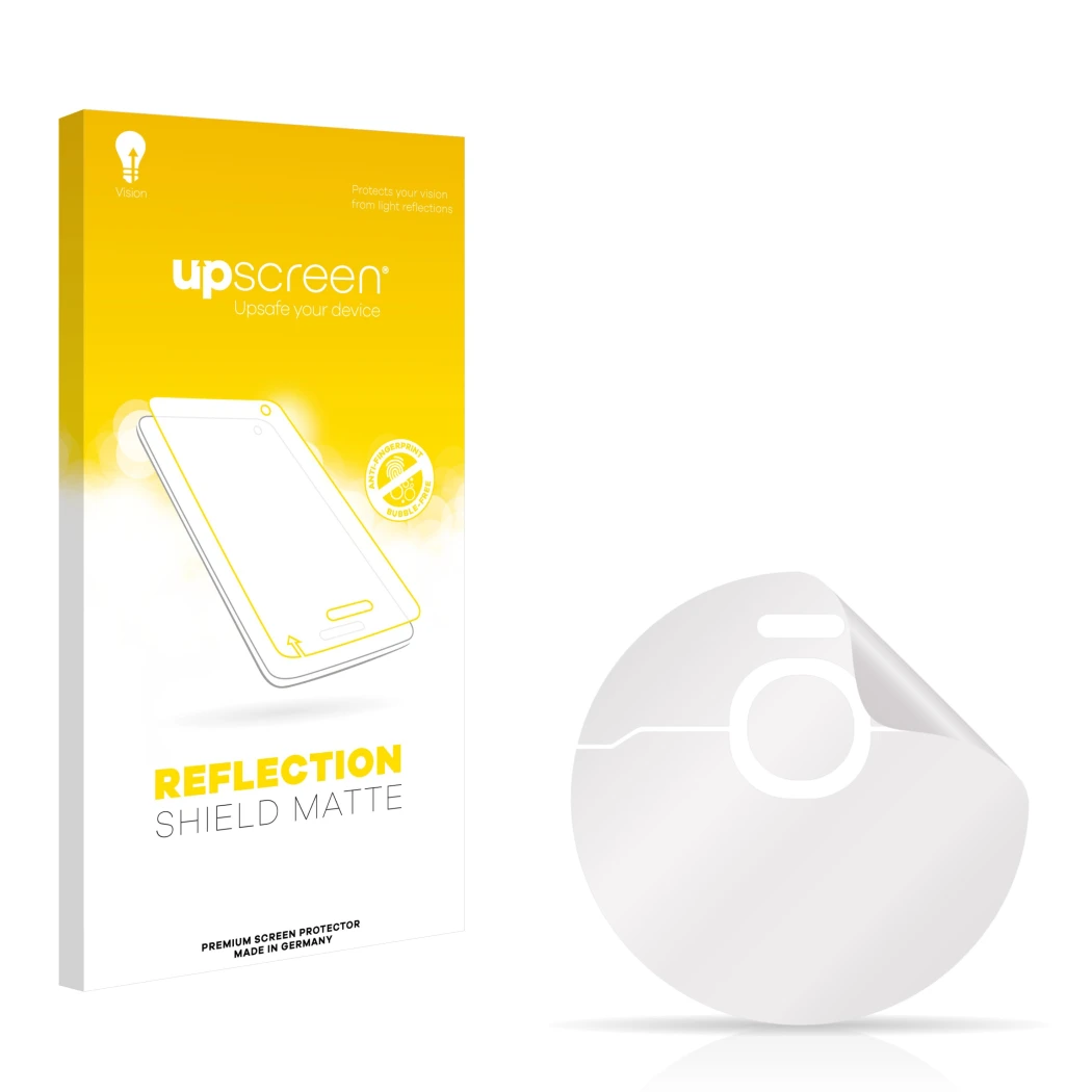 Face avant d’un emballage produit avec le logo de la marque upscreen. À côté se trouve la protection d’écran correspondante.