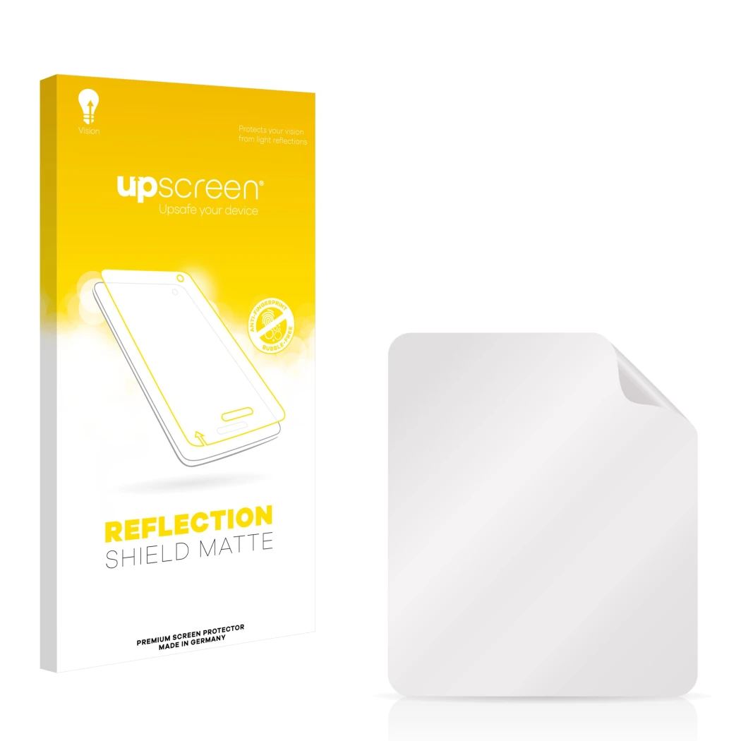 Face avant d’un emballage produit avec le logo de la marque upscreen. À côté se trouve la protection d’écran correspondante.