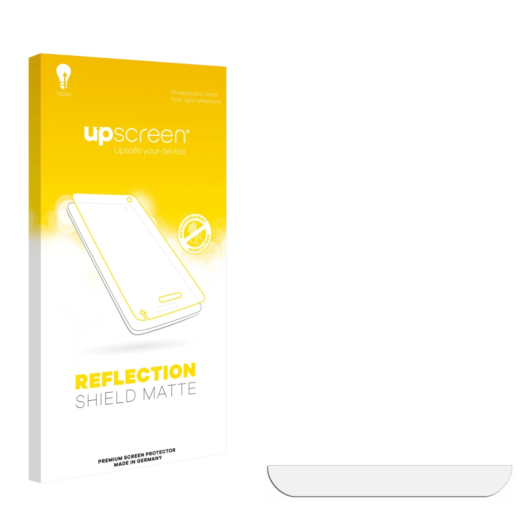 Face avant d’un emballage produit avec le logo de la marque upscreen. À côté se trouve la protection d’écran correspondante.