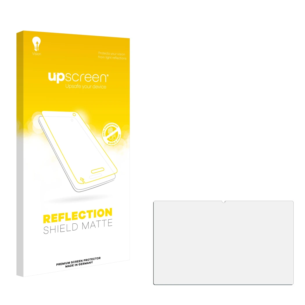 Face avant d’un emballage produit avec le logo de la marque upscreen. À côté se trouve la protection d’écran correspondante.