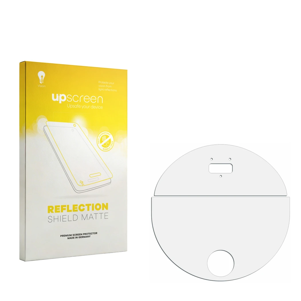 Face avant d’un emballage produit avec le logo de la marque upscreen. À côté se trouve la protection d’écran correspondante.