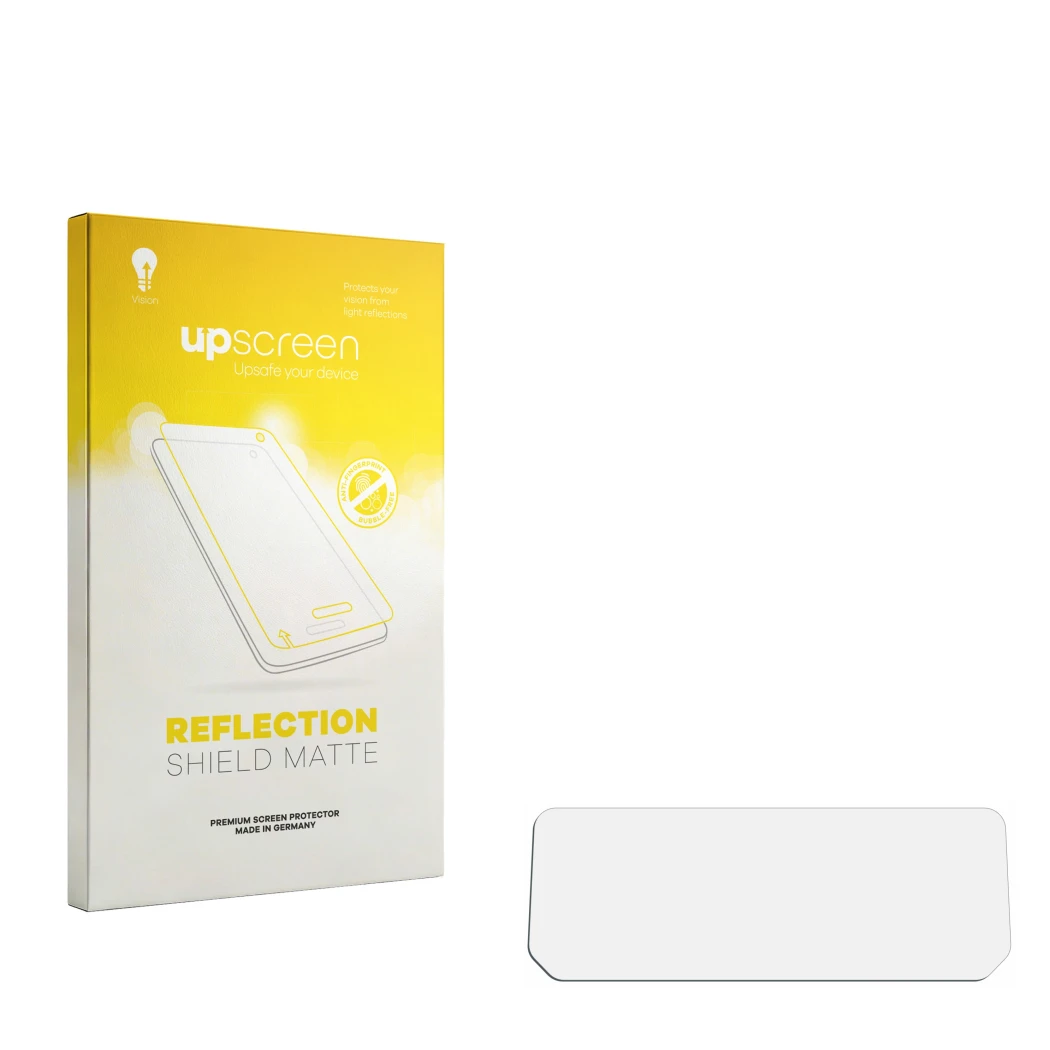 Face avant d’un emballage produit avec le logo de la marque upscreen. À côté se trouve la protection d’écran correspondante.