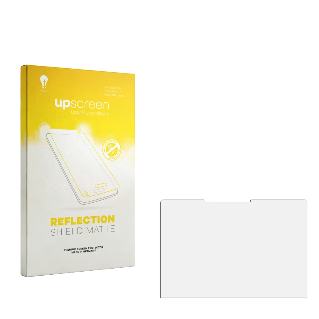 Face avant d’un emballage produit avec le logo de la marque upscreen. À côté se trouve la protection d’écran correspondante.
