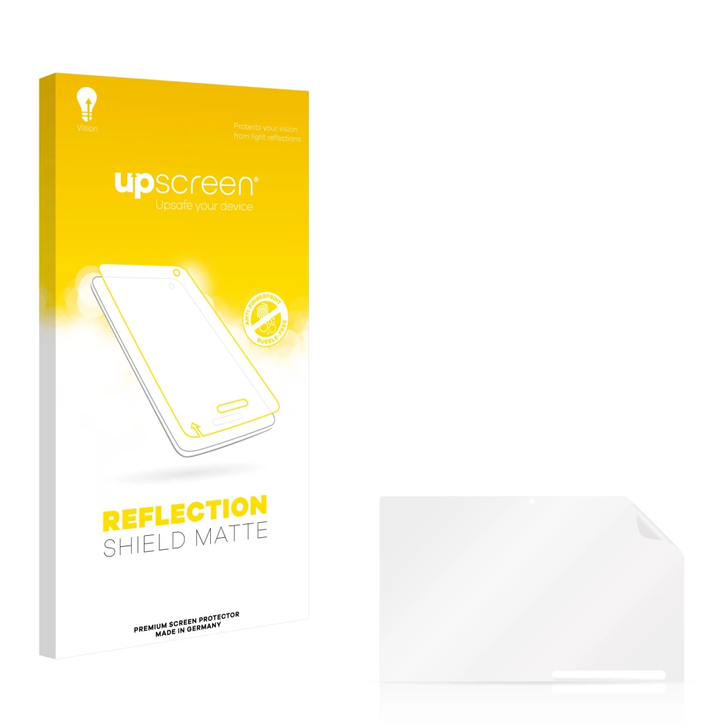 Face avant d’un emballage produit avec le logo de la marque upscreen. À côté se trouve la protection d’écran correspondante.