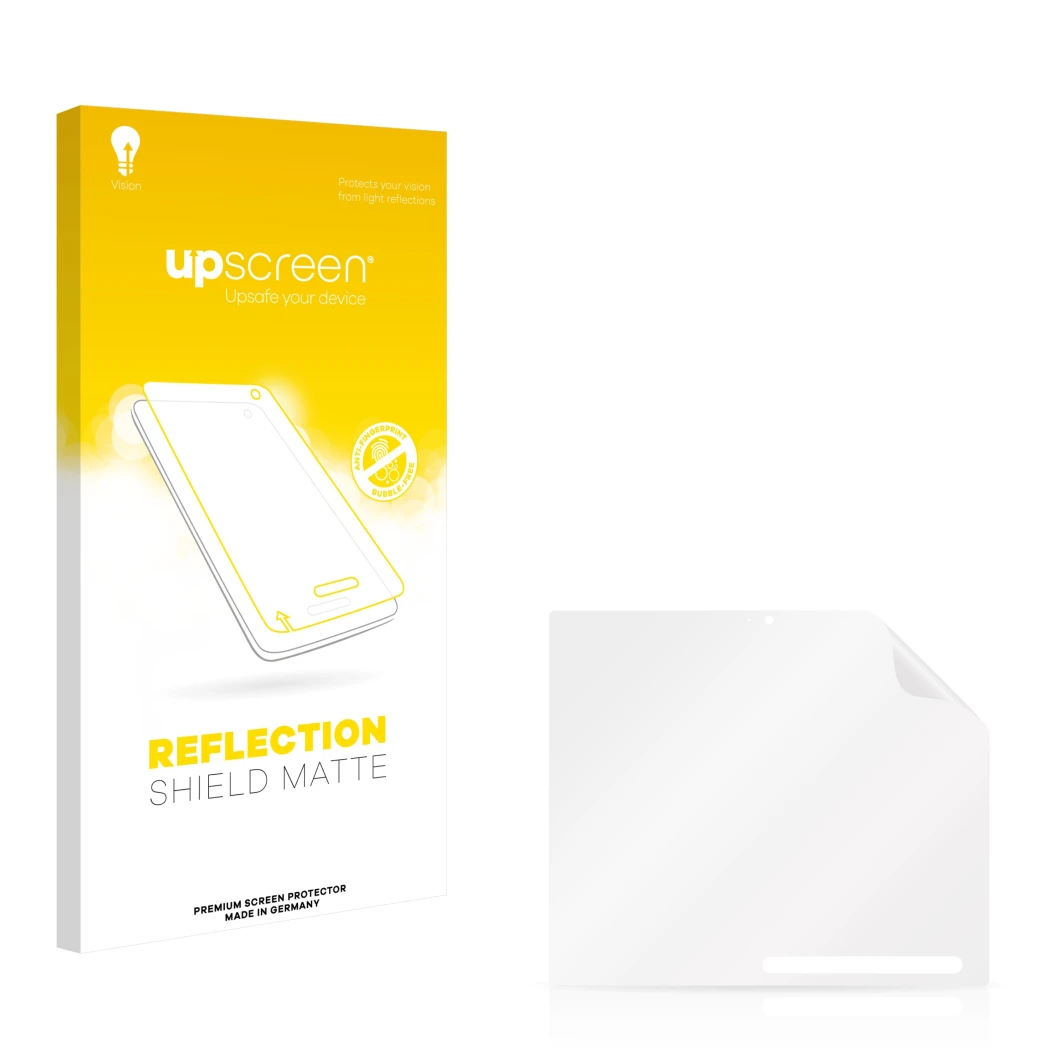Face avant d’un emballage produit avec le logo de la marque upscreen. À côté se trouve la protection d’écran correspondante.