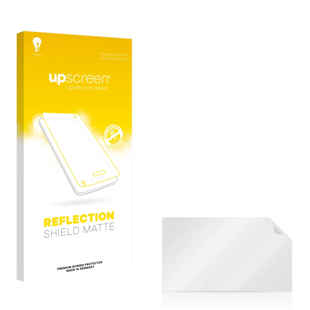 Face avant d’un emballage produit avec le logo de la marque upscreen. À côté se trouve la protection d’écran correspondante.