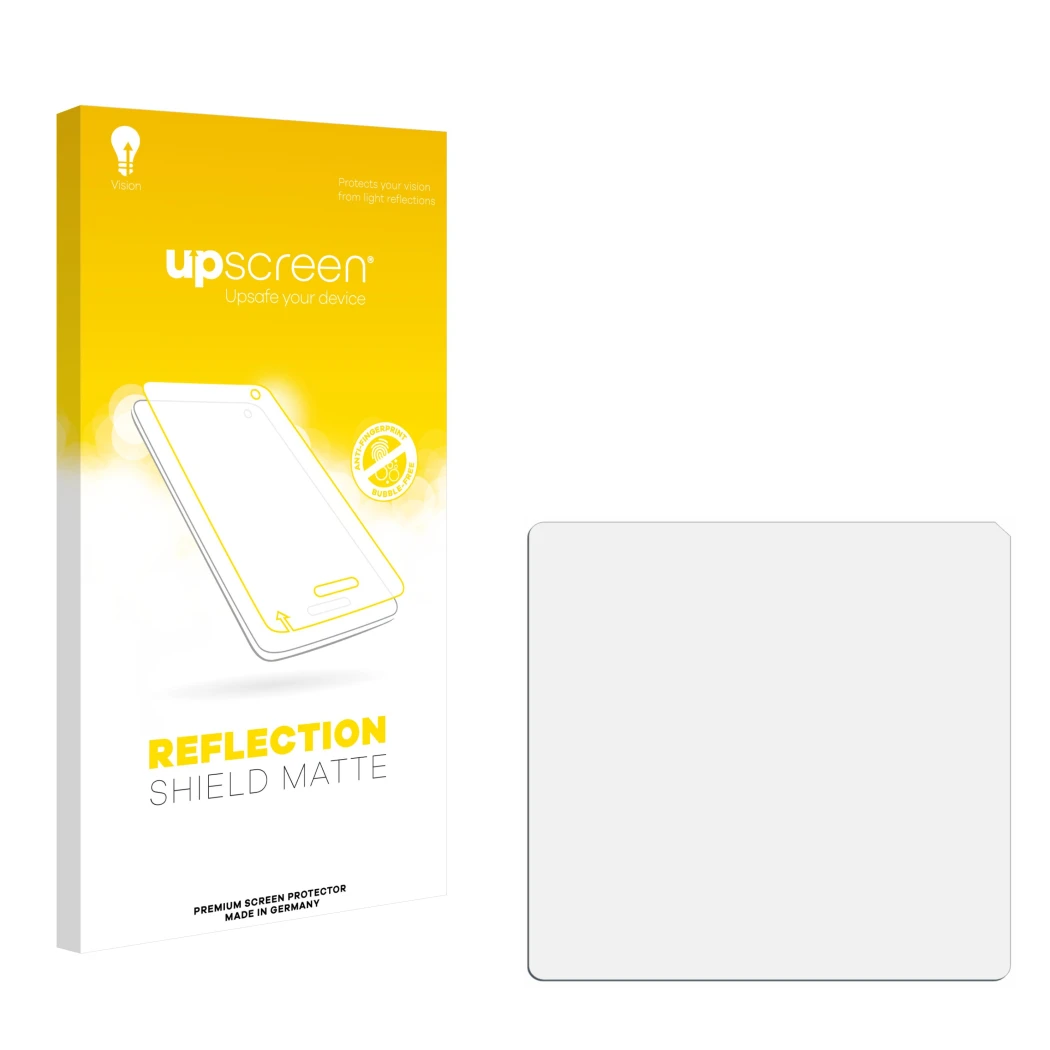 Face avant d’un emballage produit avec le logo de la marque upscreen. À côté se trouve la protection d’écran correspondante.