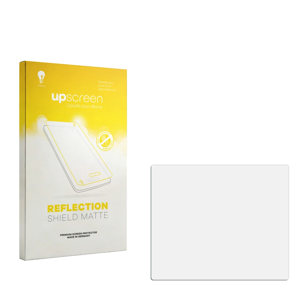 Face avant d’un emballage produit avec le logo de la marque upscreen. À côté se trouve la protection d’écran correspondante.