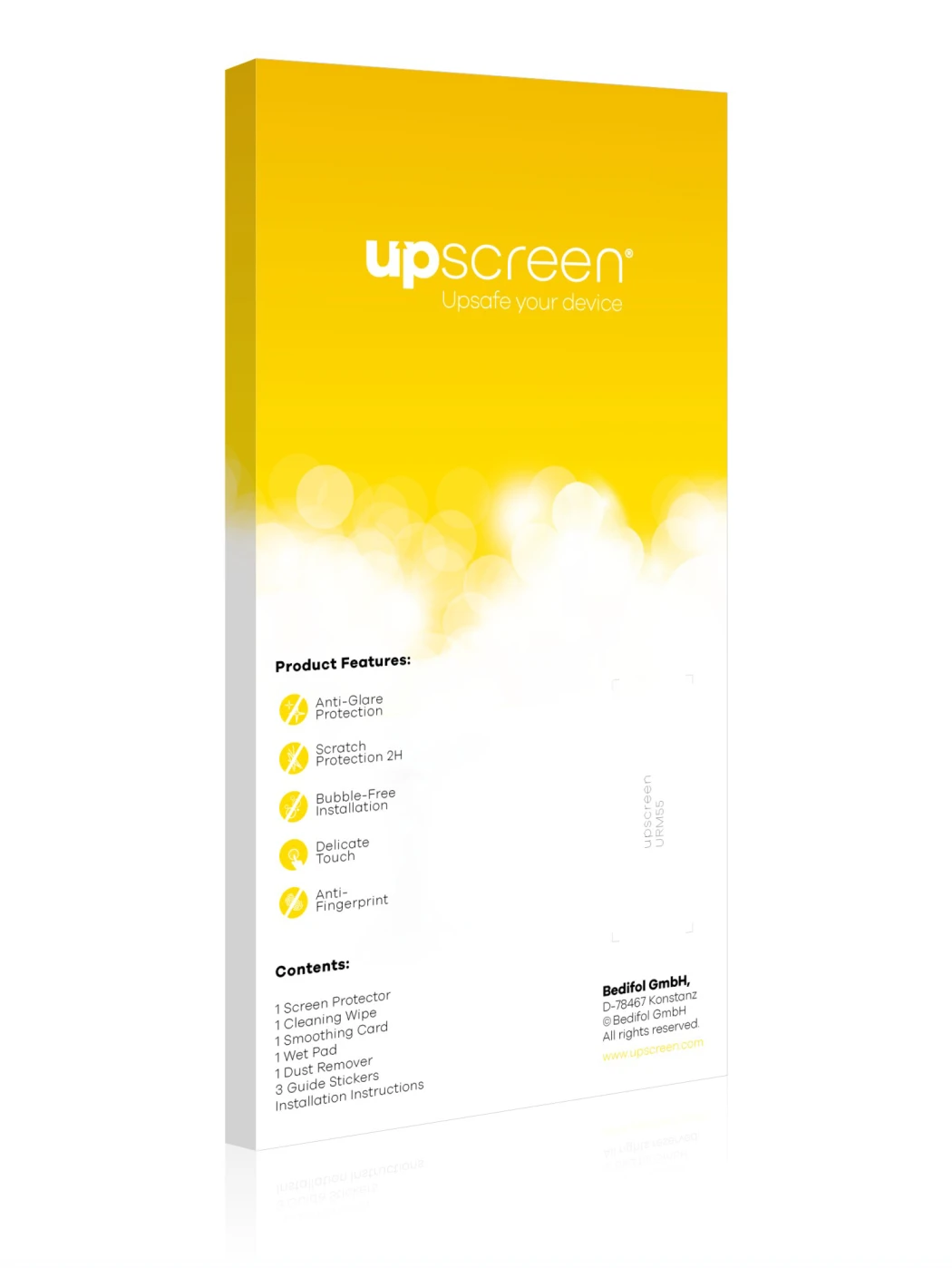Face arrière d’un emballage produit avec le logo de la marque upscreen