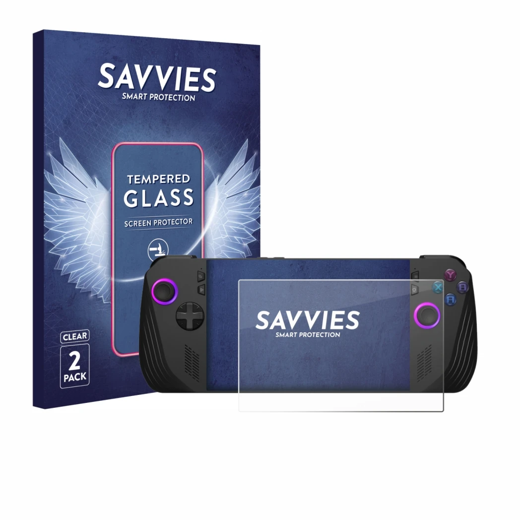 Face avant d’un emballage produit avec le logo de la marque Savvies. À côté, l’appareil ASUS ROG Ally X (2024) est représenté 