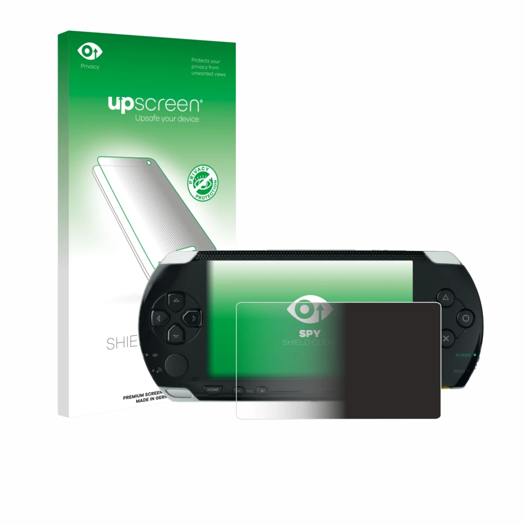 Face avant d’un emballage produit avec le logo de la marque upscreen. À côté, l’appareil Sony PSP 1000 est représenté avec la 