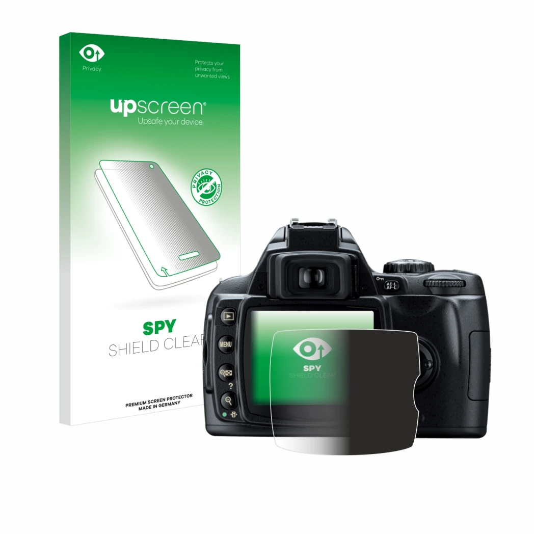 Face avant d’un emballage produit avec le logo de la marque upscreen. À côté, l’appareil Nikon D40 est représenté avec la prot