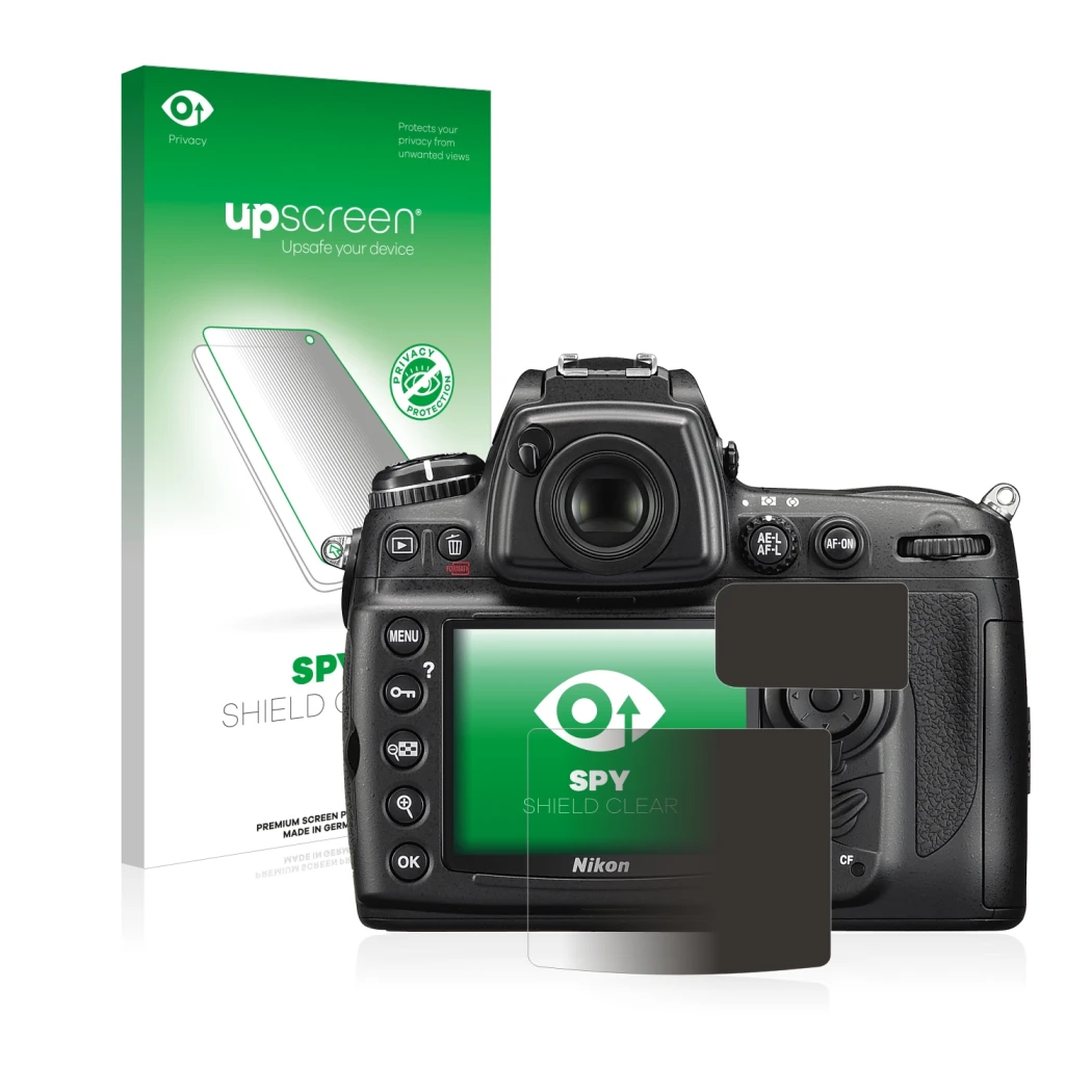 Face avant d’un emballage produit avec le logo de la marque upscreen. À côté, l’appareil Nikon D700 est représenté avec la pro